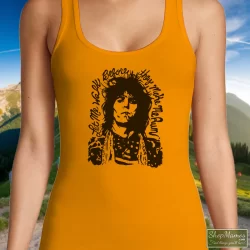 Rolling Stones Keith Richards Let Me Walk Before They Make Me Run Shirt 9 Women's Rolling Stones Keith Richards Let Me Walk Before They Make Me Run Tank Top In Orange, Front View On Dark Wood Background