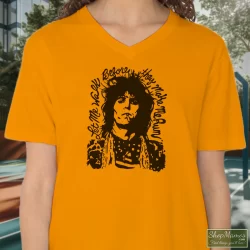 Rolling Stones Keith Richards Let Me Walk Before They Make Me Run Shirt 6 Women's Rolling Stones Keith Richards Let Me Walk Before They Make Me Run V Neck In Orange, Front View On Dark Wood Background