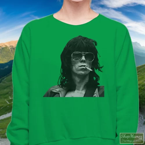 Rolling Stones Keith Richards Women’s Sweatshirt – Irish Green Front View On Light Wood Background Women's Rolling Stones Keith Richards Sweatshirt In Irish Green, Front View On Light Wood Background