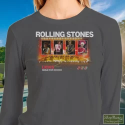 Rolling Stones Licks World Tour Shirt 4 Women's Rolling Stones Licks World Tour Sweatshirt In Charcoal, Front View On Dark Wood Background