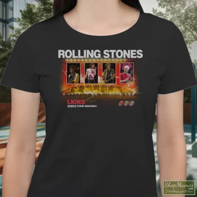 Women's Rolling Stones Licks World Tour T Shirt In Black, Front View On Light Wood Background