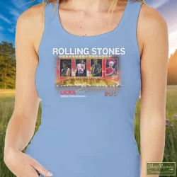 Rolling Stones Licks World Tour Shirt 8 Women's Rolling Stones Licks World Tour Tank Top In Light Blue, Front View On Dark Wood Background