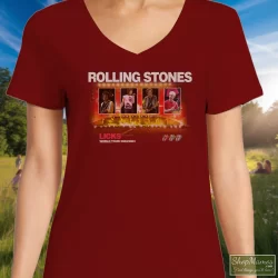 Rolling Stones Licks World Tour Shirt 10 Women's Rolling Stones Licks World Tour V Neck In Maroon, Front View On Light Wood Background
