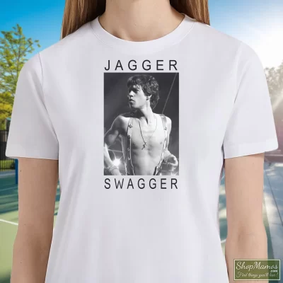 Women's Rolling Stones Mick Jagger Swagger T Shirt In White, Front View On Dark Wood Background