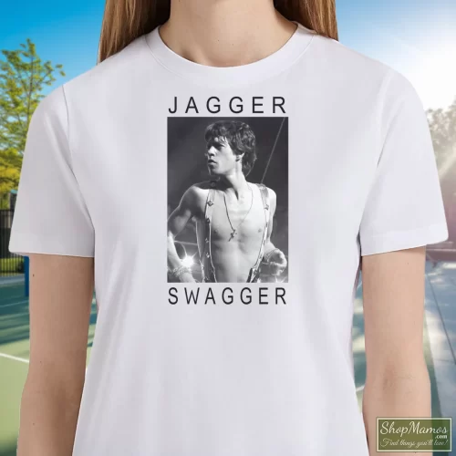 Rolling Stones Mick Jagger Swagger Women’s T Shirt – White Front View On Dark Wood Background Women's Rolling Stones Mick Jagger Swagger T Shirt In White, Front View On Dark Wood Background
