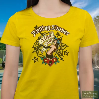 Women's Rolling Stones Miss You T Shirt In Yellow, Front View On Dark Wood Background