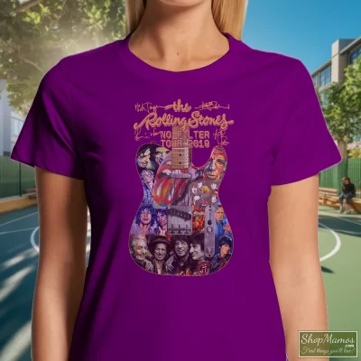Women's Rolling Stones New Dates No Filter Tour 2019 T Shirt In Purple, Front View On Light Wood Background