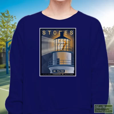 Women's Rolling Stones No Filter 2019 Foxborough Tour Sweatshirt In Navy, Front View On Light Wood Background