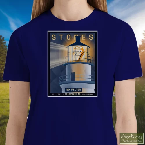 Rolling Stones No Filter 2019 Foxborough Tour Women’s T Shirt – Navy Front View On Light Wood Background Women's Rolling Stones No Filter 2019 Foxborough Tour T Shirt In Navy, Front View On Light Wood Background