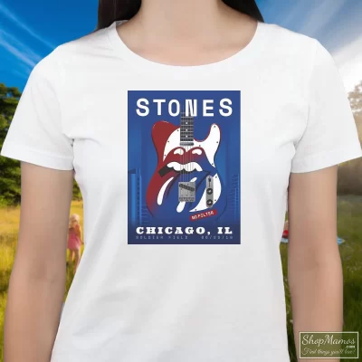 Women's Rolling Stones No Filter Soldier Field T Shirt In White, Front View On Dark Wood Background