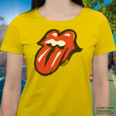 Women's Rolling Stones No Filter Tongue Yellow T Shirt In Yellow, Front View On Dark Wood Background