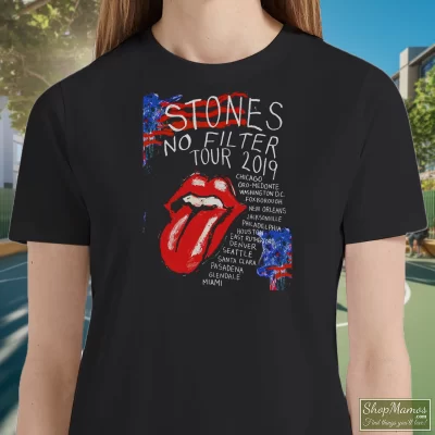 Women's Rolling Stones No Filter Tour 2019 T Shirt In Black, Front View On Light Wood Background