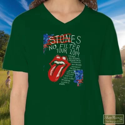 Women's Rolling Stones No Filter Tour 2019 V Neck In Forest Green, Front View On Light Wood Background