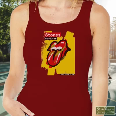 Women's Rolling Stones No Filter US Tour 2019 Tank Top In Maroon, Front View On Light Wood Background