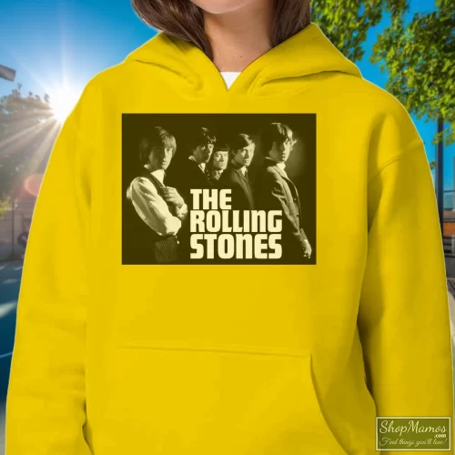 Rolling Stones Original Album Cover 1964 Women’s Hoodie – Yellow Front View On Dark Wood Background Women's Rolling Stones Original Album Cover 1964 Hoodie In Yellow, Front View On Dark Wood Background