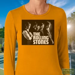 Rolling Stones Original Album Cover 1964 Shirt 3 Women's Rolling Stones Original Album Cover 1964 Long Sleeve In Orange, Front View On Dark Wood Background