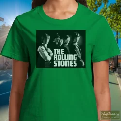 Rolling Stones Original Album Cover 1964 Shirt 7 Women's Rolling Stones Original Album Cover 1964 T Shirt In Irish Green, Front View On Light Wood Background