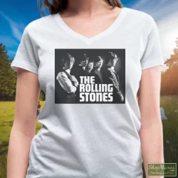 Rolling Stones Original Album Cover 1964 Shirt 6 Women's Rolling Stones Original Album Cover 1964 V Neck In White, Front View On Dark Wood Background