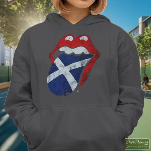 Rolling Stones Scotland Tongue Women’s Hoodie – Charcoal Front View On Dark Wood Background Women's Rolling Stones Scotland Tongue Hoodie In Charcoal, Front View On Dark Wood Background