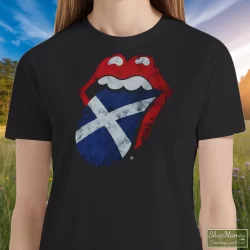 Women's Rolling Stones Scotland Tongue T Shirt In Black, Front View On Light Wood Background