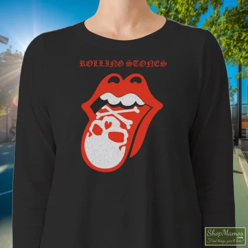 Rolling Stones Skull Tongue Women’s Long Sleeve – Black Front View On Light Wood Background Women's Rolling Stones Skull Tongue Long Sleeve In Black, Front View On Light Wood Background