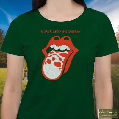 Women's Rolling Stones Skull Tongue T Shirt In Forest Green, Front View On Light Wood Background