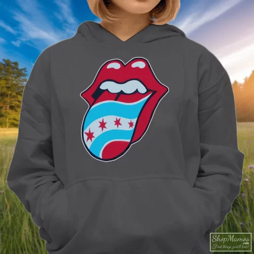 Rolling Stones Soldier Field Chicago Flag Concert Women’s Hoodie – Charcoal Front View On Dark Wood Background Women's Rolling Stones Soldier Field Chicago Flag Concert Hoodie In Charcoal, Front View On Dark Wood Background