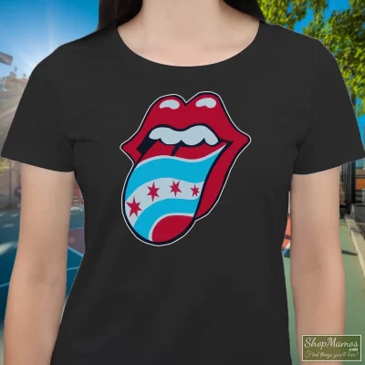 Women's Rolling Stones Soldier Field Chicago Flag Concert T Shirt In Black, Front View On Light Wood Background