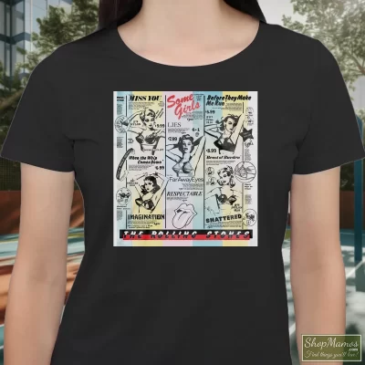 Women's Rolling Stones Some Girls 16th American Studio Album T Shirt In Black, Front View On Light Wood Background