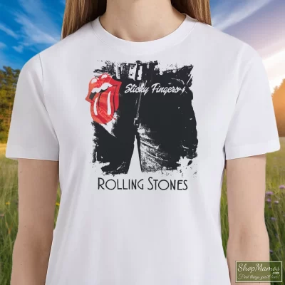 Women's Rolling Stones Sticky Fingers T Shirt In White, Front View On Dark Wood Background