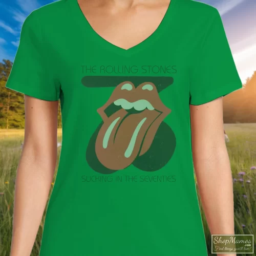 Rolling Stones Sucking In The Seventies White Women’s V Neck – Irish Green Front View On Light Wood Background Women's Rolling Stones Sucking In The Seventies White V Neck In Irish Green, Front View On Light Wood Background