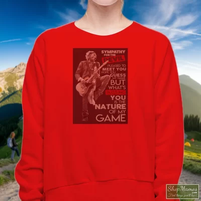 Women's Rolling Stones Sympathy For The Devil Keith Richards Sweatshirt In Red, Front View On Dark Wood Background