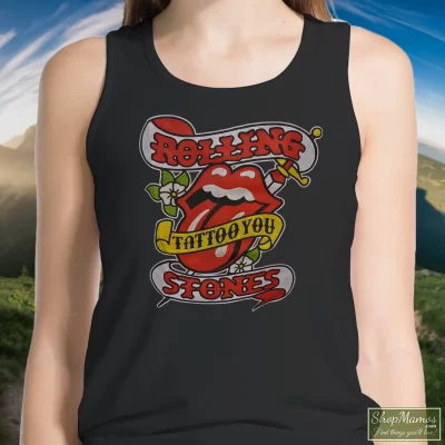 Women's Rolling Stones Tattoo You Tank Top In Black, Front View On Light Wood Background