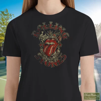 Women's Rolling Stones Tattoo You Tour 1981 T Shirt In Black, Front View On Light Wood Background