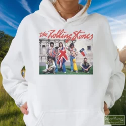Rolling Stones The Alamo Group Photo Shirt 1 Women's Rolling Stones The Alamo Group Photo Hoodie In White, Front View On Dark Wood Background