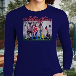 Rolling Stones The Alamo Group Photo Shirt 9 Women's Rolling Stones The Alamo Group Photo Long Sleeve In Navy, Front View On Light Wood Background