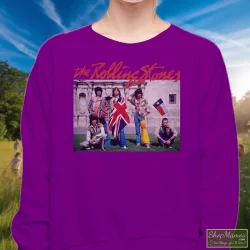 Rolling Stones The Alamo Group Photo Shirt 3 Women's Rolling Stones The Alamo Group Photo Sweatshirt In Purple, Front View On Light Wood Background