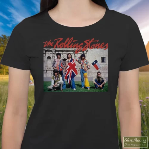 Rolling Stones The Alamo Group Photo Women’s T Shirt – Black Front View On Light Wood Background Women's Rolling Stones The Alamo Group Photo T Shirt In Black, Front View On Light Wood Background