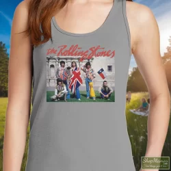 Rolling Stones The Alamo Group Photo Shirt 8 Women's Rolling Stones The Alamo Group Photo Tank Top In Sport Grey, Front View On Dark Wood Background