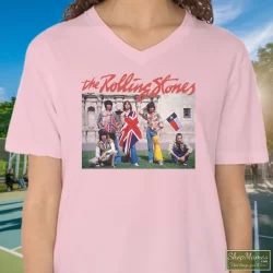 Rolling Stones The Alamo Group Photo Shirt 5 Women's Rolling Stones The Alamo Group Photo V Neck In Light Pink, Front View On Dark Wood Background