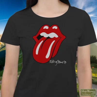 Women's Rolling Stones The North American Tour 1989 Original Vintage Rock T Shirt In Black, Front View On Light Wood Background