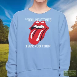 Rolling Stones Tongue 1972 US Tour Shirt 7 Women's Rolling Stones Tongue 1972 US Tour Sweatshirt In Light Blue, Front View On Dark Wood Background