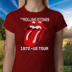 Rolling Stones Tongue 1972 US Tour Shirt 1 Women's Rolling Stones Tongue 1972 US Tour T Shirt In Maroon, Front View On Light Wood Background