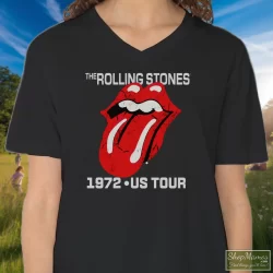Rolling Stones Tongue 1972 US Tour Shirt 4 Women's Rolling Stones Tongue 1972 US Tour V Neck In Black, Front View On Light Wood Background