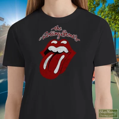 Women's Rolling Stones Tongue Black T Shirt In Black, Front View On Light Wood Background
