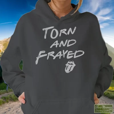 Women's Rolling Stones Torn And Frayed Hoodie In Charcoal, Front View On Dark Wood Background