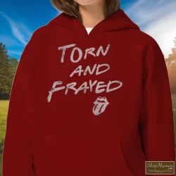 Rolling Stones Torn And Frayed Shirt 7 Women's Rolling Stones Torn And Frayed Hoodie In Maroon, Front View On Light Wood Background