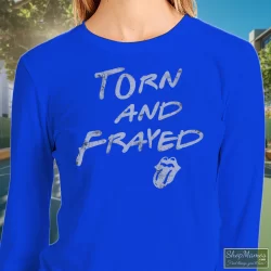 Rolling Stones Torn And Frayed Shirt 1 Women's Rolling Stones Torn And Frayed Sweatshirt In Royal Blue, Front View On Light Wood Background