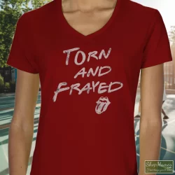 Rolling Stones Torn And Frayed Shirt 6 Women's Rolling Stones Torn And Frayed V Neck In Maroon, Front View On Light Wood Background