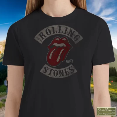 Women's Rolling Stones Tour 1978 Black T Shirt In Black, Front View On Light Wood Background